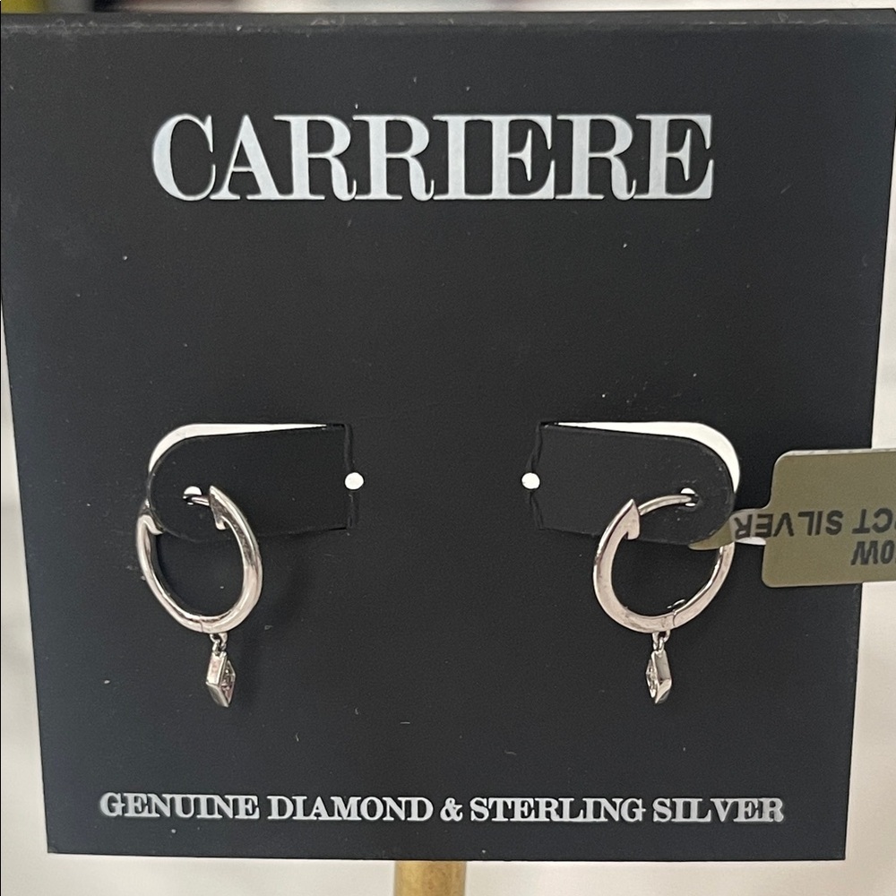 Carrier and Sterling Silver Huggie Hoop Earrings with Diamond Charm - Silver